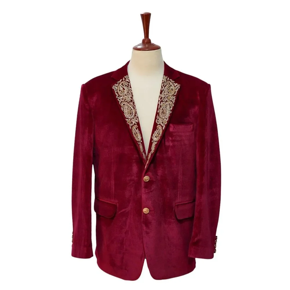 Mens 42R Burgundy Velvet Blazer Hand Embroidered Gold Paisley Tuxedo Suit Jacket